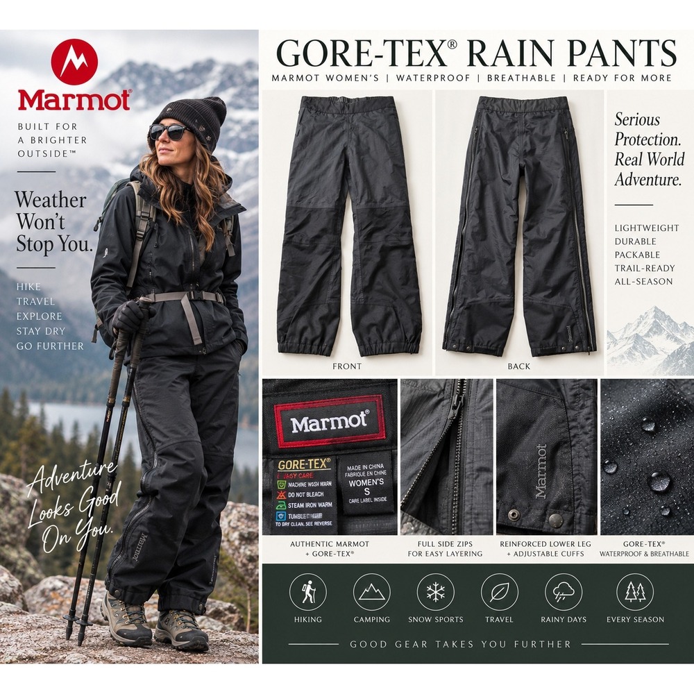 Marmot Gore-Tex Pants Womens S Black Full Side Zip Waterproof Hiking Rain Shell